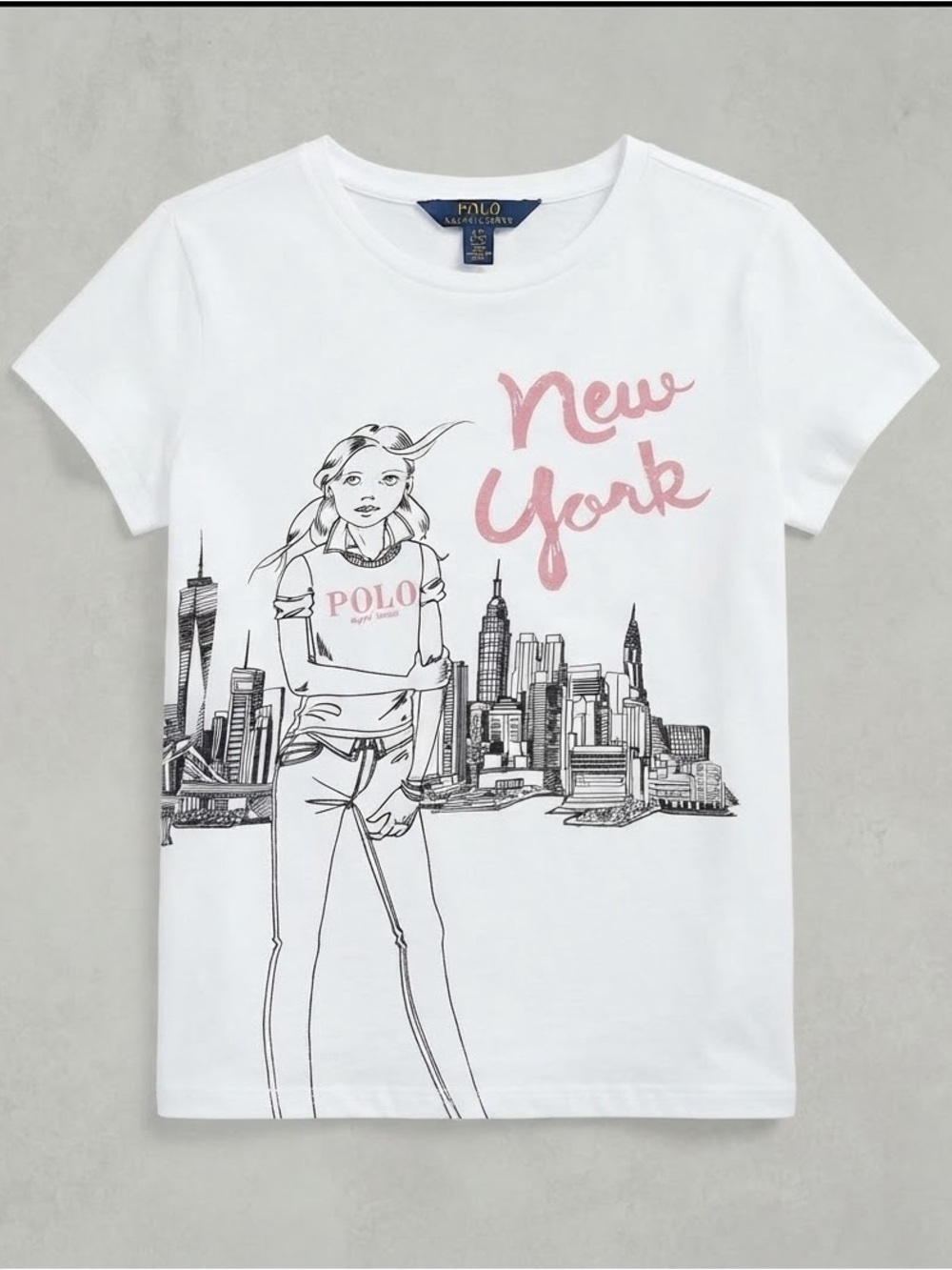 Polo Ralph Lauren White New York City Graphic Tee Sz L (12-14) 100% Cotton